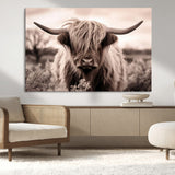 55903-MGV-CV-36X24-Highland Cow Wall Art – Rustic Sepia Scottish Highland Bull Canvas Print, Farmhouse Country Animal Decor for Living Room, Bedroom