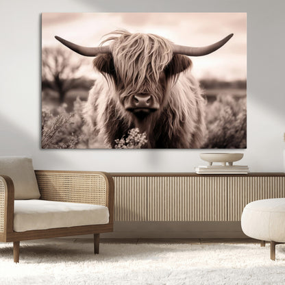 55903-MGV-CV-36X24-Highland Cow Wall Art – Rustic Sepia Scottish Highland Bull Canvas Print, Farmhouse Country Animal Decor for Living Room, Bedroom