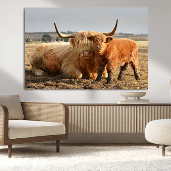 53461-MGV-CV-36X24-Highland Cow Family Wall Art – Rustic Farmhouse Animal Canvas Print, Country Decor for Living Room, Bedroom or Office, Calf and
