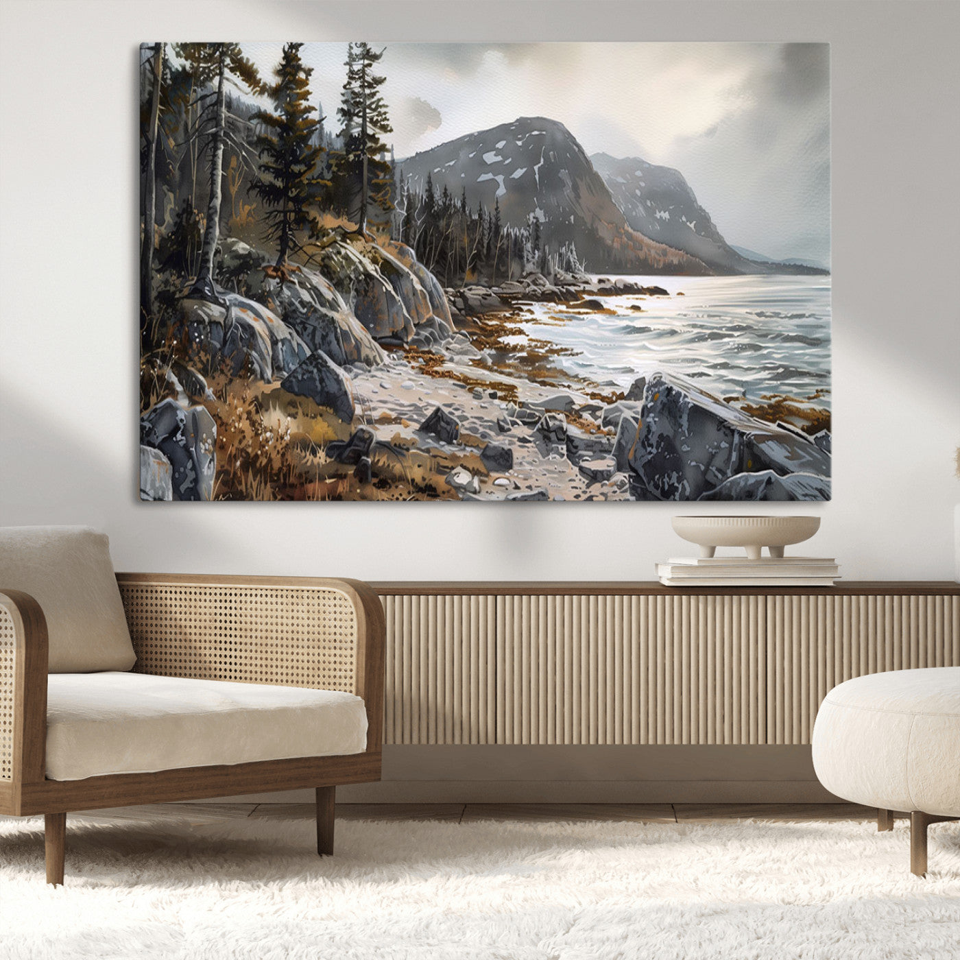41281-MGV-CV-36X24-Rocky Shoreline Wall Art – Panoramic Mountain Coast and Forest Canvas Print, Rustic Nature Landscape Decor for Cabin, Lodge, or