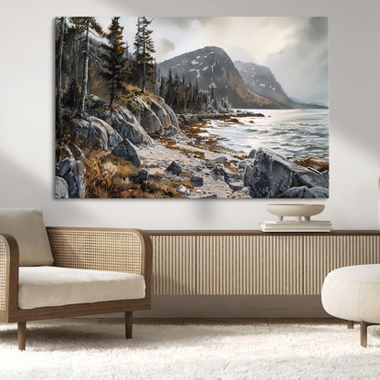 41281-MGV-CV-36X24-Rocky Shoreline Wall Art – Panoramic Mountain Coast and Forest Canvas Print, Rustic Nature Landscape Decor for Cabin, Lodge, or