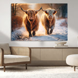 50490-MGV-CV-36X24-Highland Cow Wall Art – Rustic Panoramic Canvas Print Two Cattle Snowy Landscape, Farmhouse Country Decor for Living Room Office