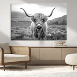 52903-MGV-CV-36X24-Highland Cow Wall Art – Black and White Canvas Print Rustic Cattle Portrait, Farmhouse Country Decor for Living Room, Office,