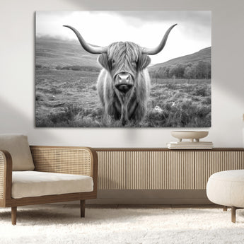 52903-MGV-CV-36X24-Highland Cow Wall Art – Black and White Canvas Print Rustic Cattle Portrait, Farmhouse Country Decor for Living Room, Office,