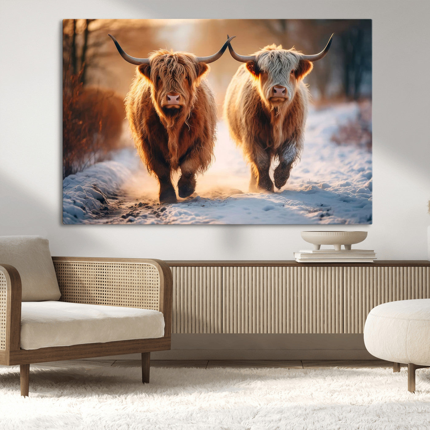 94810-MGV-CV-36X24-Highland Cow Wall Art – Rustic Canvas Print Two Cattle Snow Path Sunset, Farmhouse Country Decor for Living Room, Bedroom, Office,