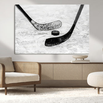 82900-MGV-CV-36X24-Hockey Wall Art – Black and White Canvas Print Ice Rink Sticks Puck Sports Photography, Modern Decor for Game Room, Man Cave,