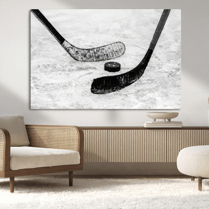 82900-MGV-CV-36X24-Hockey Wall Art – Black and White Canvas Print Ice Rink Sticks Puck Sports Photography, Modern Decor for Game Room, Man Cave,