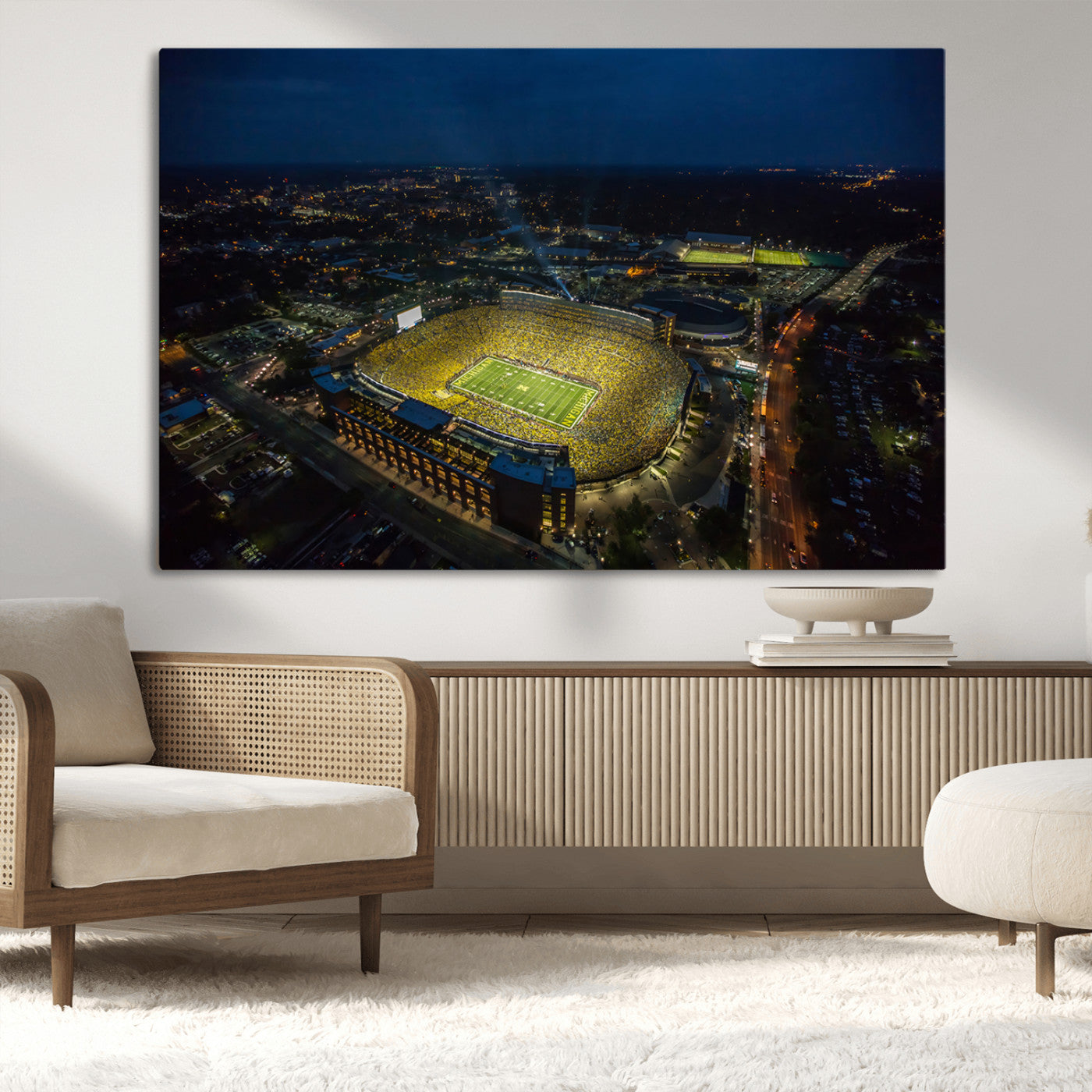 33588-MGV-CV-36X24-Football Stadium Wall Art – Aerial Night Game Canvas Print Packed Field City Lights, Sports Photography Decor for Game Room, Man