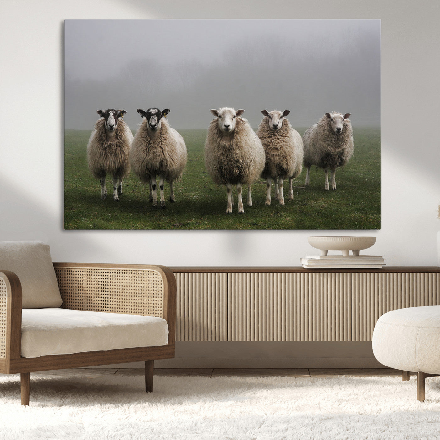 87339-MGV-CV-36X24-Sheep Wall Art – Rustic Farmhouse Canvas Print Flock Standing Misty Field Countryside Photography, Country Animal Decor for Living