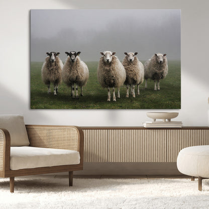 87339-MGV-CV-36X24-Sheep Wall Art – Rustic Farmhouse Canvas Print Flock Standing Misty Field Countryside Photography, Country Animal Decor for Living