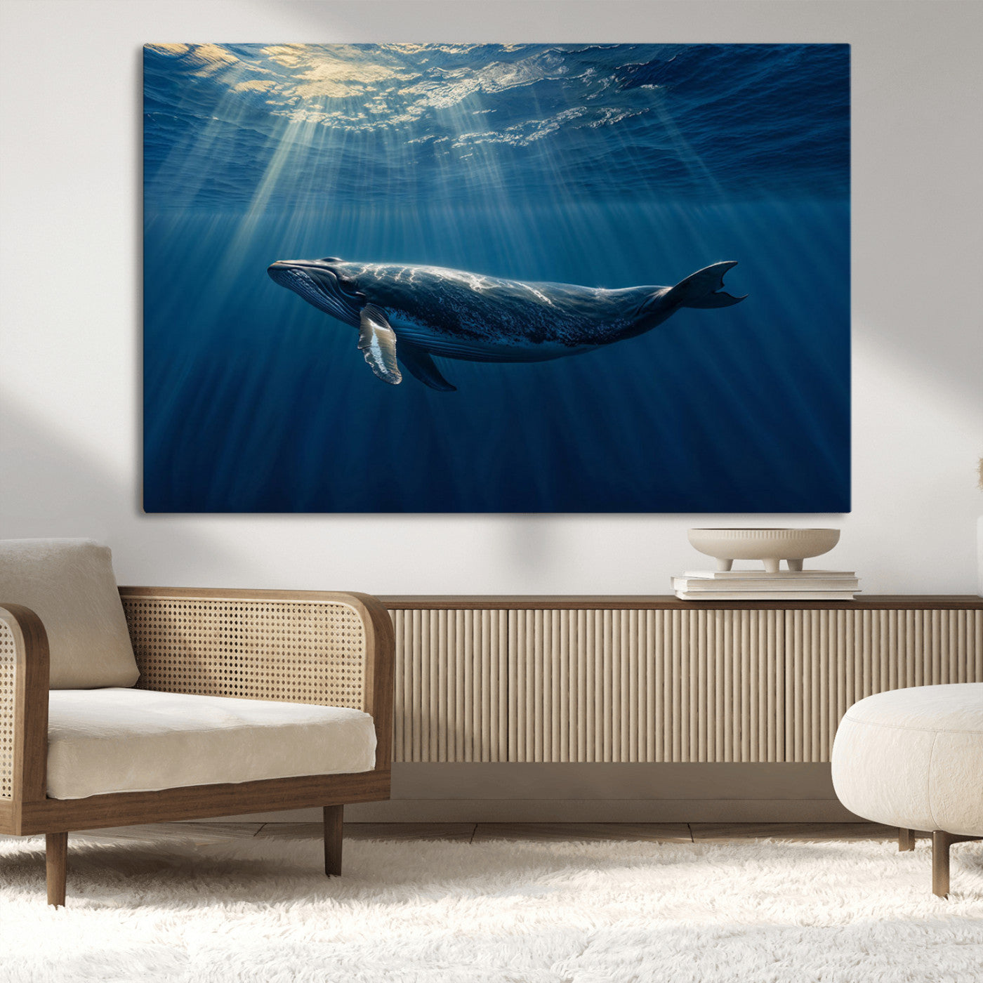 18052-MGV-CV-36X24-Whale Wall Art – Majestic Ocean Canvas Print Marine Life Underwater Sunlight Scene, Nautical Coastal Decor for Living Room,