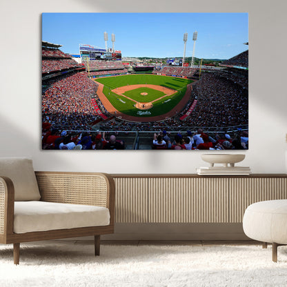90998-MGV-CV-36X24-Baseball Stadium Wall Art – Canvas Print Day Game Field Packed Crowd Bright Blue Sky Sports Photography, Classic Decor for Game