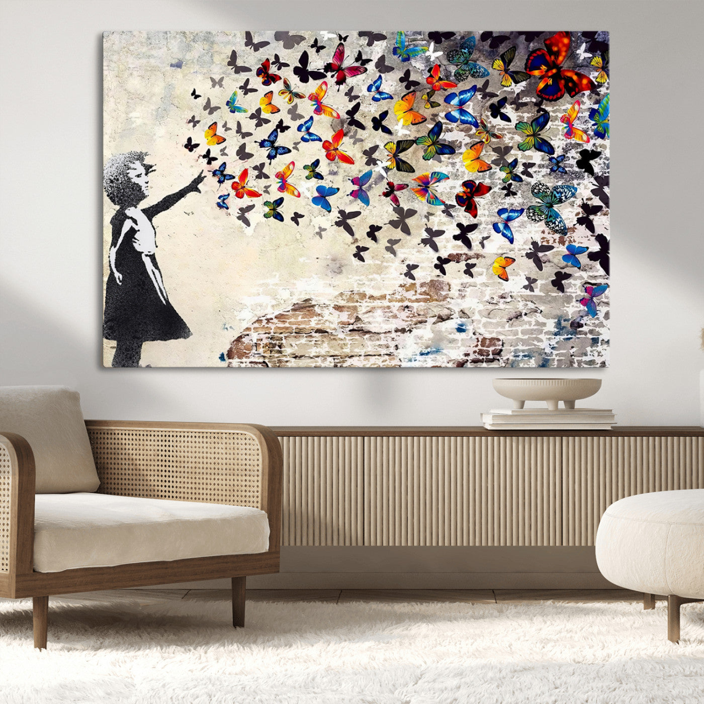97895-MGV-CV-36X24-Girl with Butterflies Wall Art – Colorful Street Art Style Canvas Print, Modern Graffiti-Inspired Butterfly Artwork for Living
