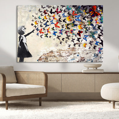 97895-MGV-CV-36X24-Girl with Butterflies Wall Art – Colorful Street Art Style Canvas Print, Modern Graffiti-Inspired Butterfly Artwork for Living
