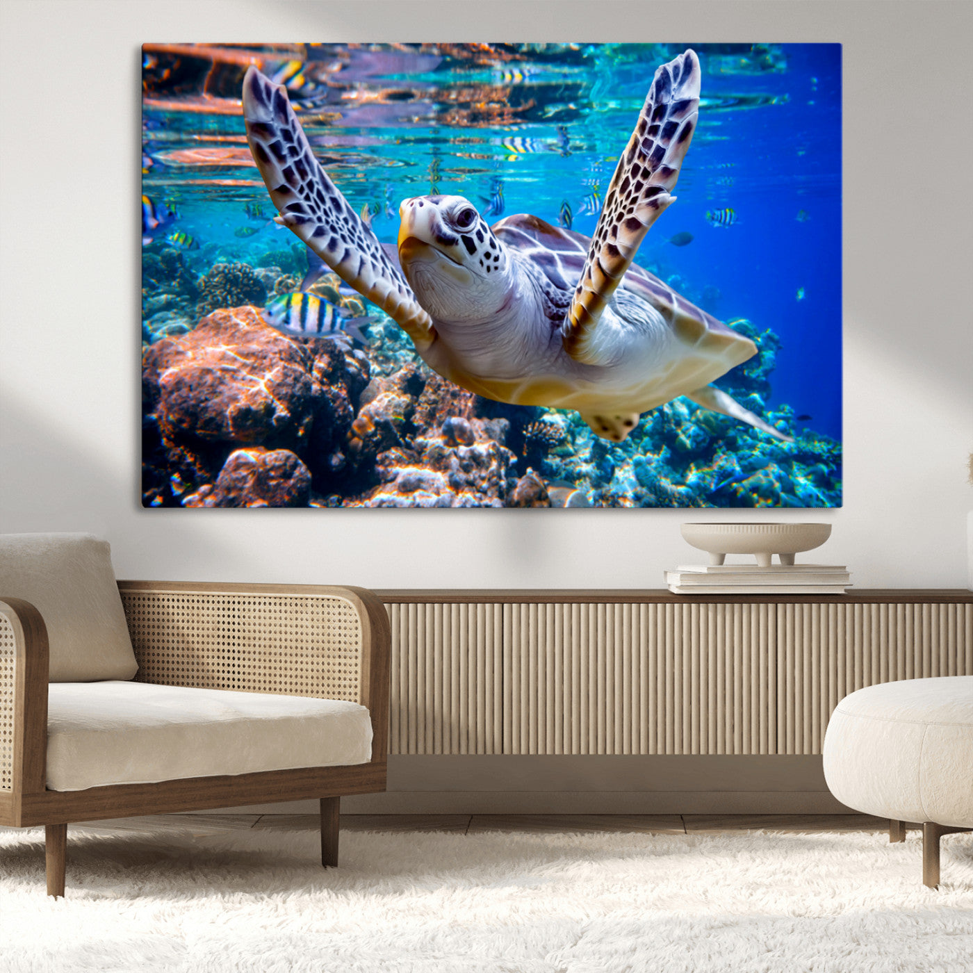 12683-MGV-CV-36X24-Sea Turtle Wall Art – Graceful Ocean Canvas Print with Coral Reef and Tropical Fish, Coastal Marine Life Decor for Beach House,