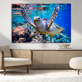 12683-MGV-CV-36X24-Sea Turtle Wall Art – Graceful Ocean Canvas Print with Coral Reef and Tropical Fish, Coastal Marine Life Decor for Beach House,