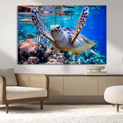 12683-MGV-CV-36X24-Sea Turtle Wall Art – Graceful Ocean Canvas Print with Coral Reef and Tropical Fish, Coastal Marine Life Decor for Beach House,