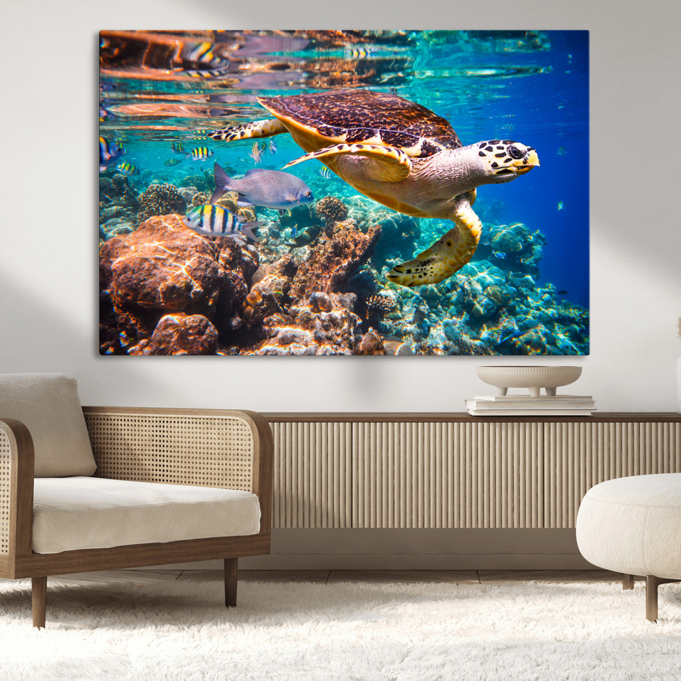 66614-MGV-CV-36X24-Sea Turtle Wall Art – Hawksbill Turtle Swimming Over Coral Reef Canvas Print, Ocean Marine Life Decor for Beach House, Coastal