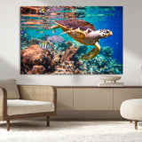 66614-MGV-CV-36X24-Sea Turtle Wall Art – Hawksbill Turtle Swimming Over Coral Reef Canvas Print, Ocean Marine Life Decor for Beach House, Coastal