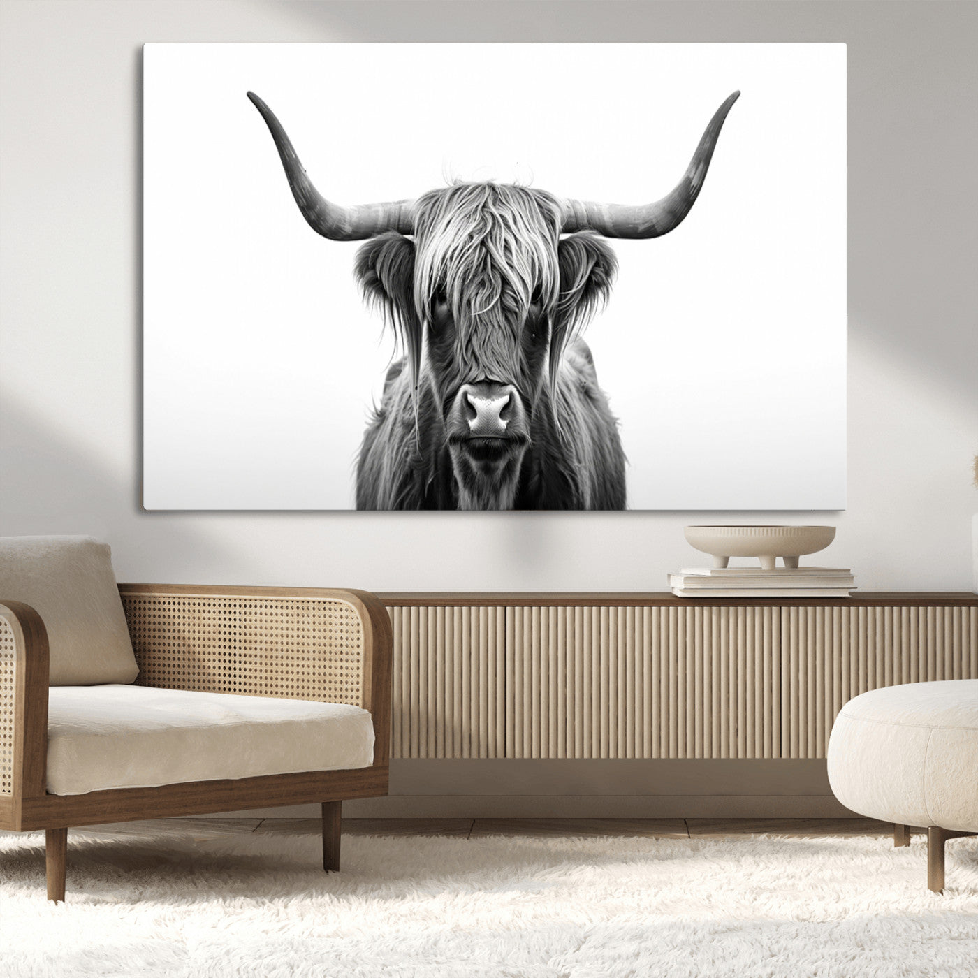 49556-MGV-CV-36X24-Highland Cow Wall Art – Black and White Scottish Highland Cattle Print, Rustic Farmhouse Minimalist Animal Portrait Canvas for