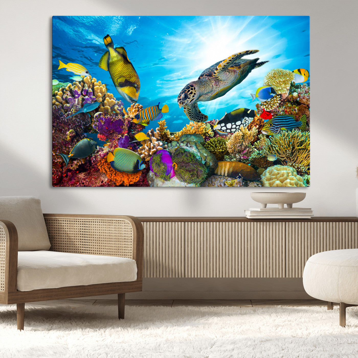 44772-MGV-CV-36X24-Underwater Sea Turtle Wall Art – Vibrant Coral Reef and Tropical Fish Canvas Print, Ocean Marine Life Decor for Living Room,
