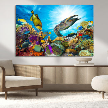 44772-MGV-CV-36X24-Underwater Sea Turtle Wall Art – Vibrant Coral Reef and Tropical Fish Canvas Print, Ocean Marine Life Decor for Living Room,