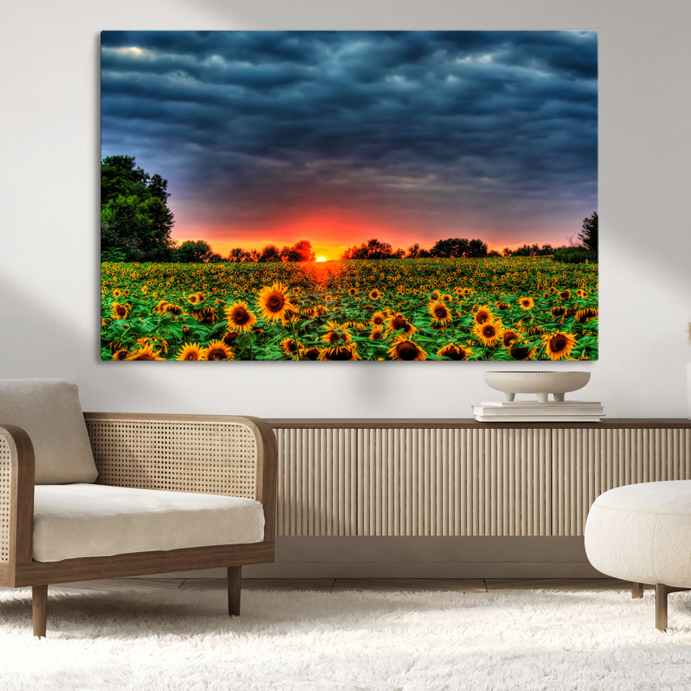 45045-MGV-CV-36X24-Sunflower Field Sunset Wall Art – Dramatic Stormy Sky Landscape Print, Vibrant Yellow Floral Nature Canvas for Living Room,