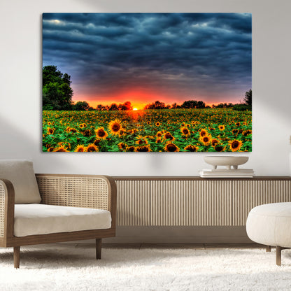 45045-MGV-CV-36X24-Sunflower Field Sunset Wall Art – Dramatic Stormy Sky Landscape Print, Vibrant Yellow Floral Nature Canvas for Living Room,