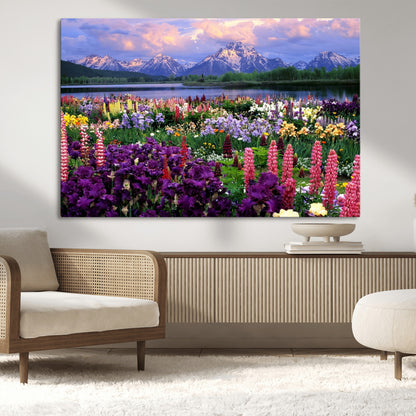 82270-MGV-CV-36X24-Colorful Wildflower Meadow Landscape Wall Art – Snow-Capped Mountain Lake Sunset Print, Vibrant Nature Artwork for Living Room,