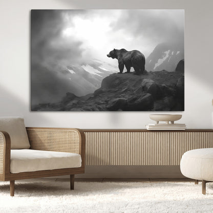 49504-MGV-CV-36X24-Black and White Grizzly Bear Wall Art – Wilderness Wildlife Painting, Rustic Mountain Cabin Decor, Monochrome Animal Print for