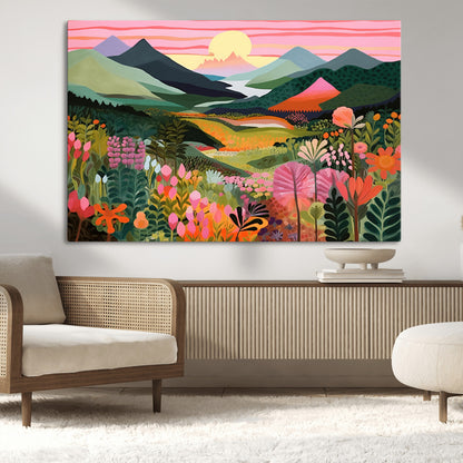 99638-MGV-CV-36X24-Sunset Meadow Wall Art – Panoramic Mountain Landscape with Wildflowers Canvas Print, Vibrant Nature Decor for Living Room, Bedroom