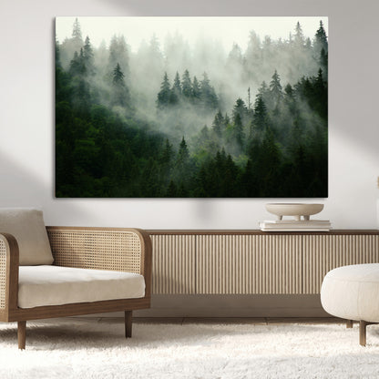 167720496-MGV-CV-36X24-Misty Forest Wall Art – Serene Evergreen Trees Canvas Print, Foggy Mountain Nature Landscape Decor for Bedroom, Living Room or