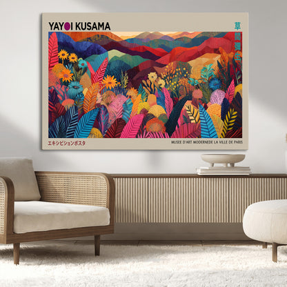 70959-MGV-CV-36X24-Yayoi Kusama Inspired Wall Art – Bold Floral Landscape Canvas Print, Vibrant Modern Abstract Poster for Living Room, Bedroom, or