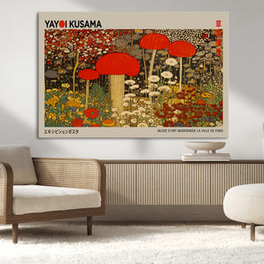 38013-MGV-CV-36X24-Yayoi Kusama Inspired Mushroom Garden Wall Art – Whimsical Botanical Canvas Print, Surreal Nature Poster, Fantasy Floral Artwork