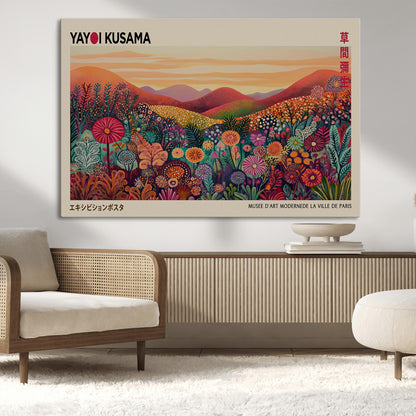 66096-MGV-CV-36X24-Yayoi Kusama Wall Art – Sunset Floral Landscape Canvas Print, Vibrant Flower Garden Panorama for Living Room, Bedroom or Office
