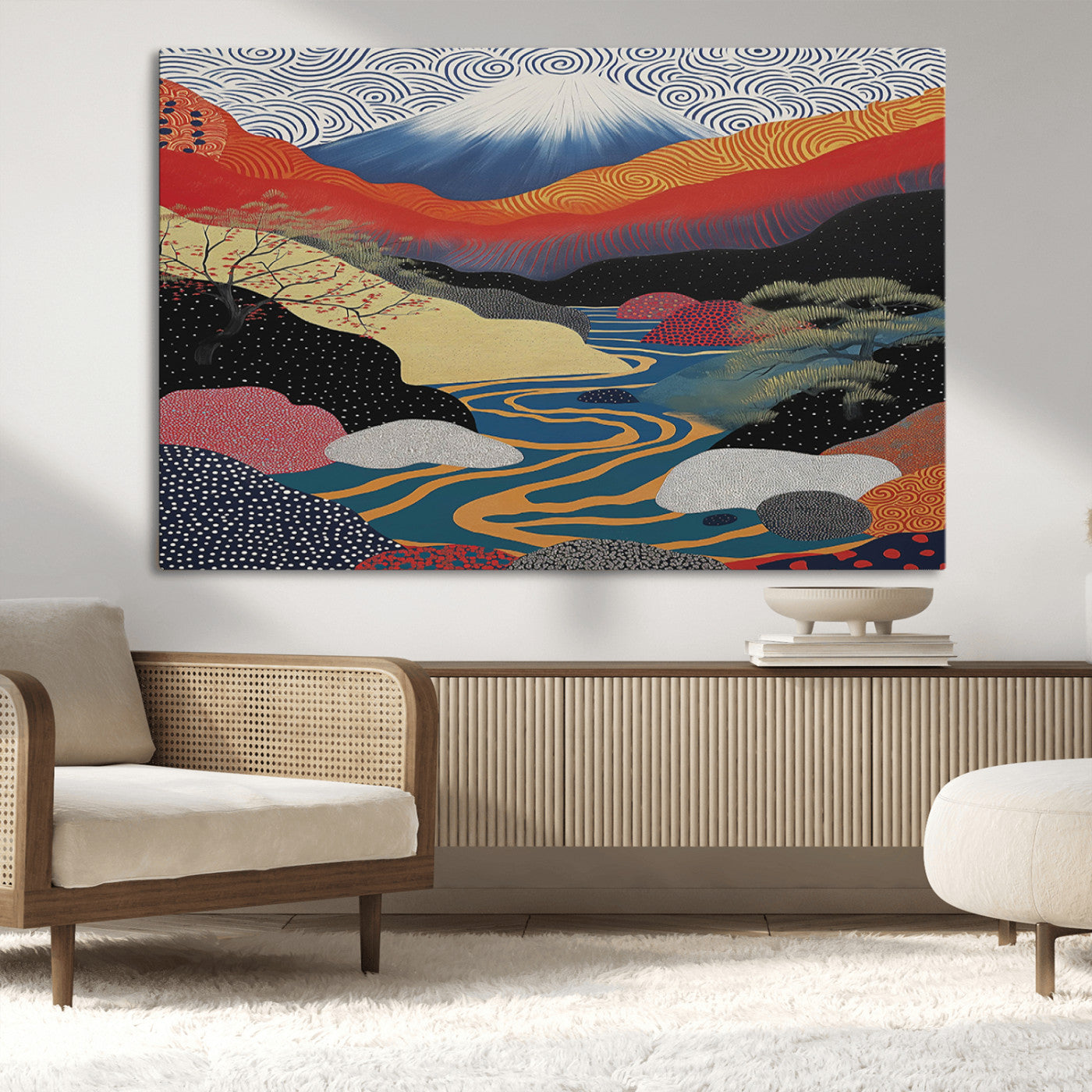 22313-MGV-CV-36X24-Yayoi Kusama Wall Art – Abstract Mount Fuji Landscape Canvas Print, Vibrant Japanese Nature Scene with River, Mountains and Sky