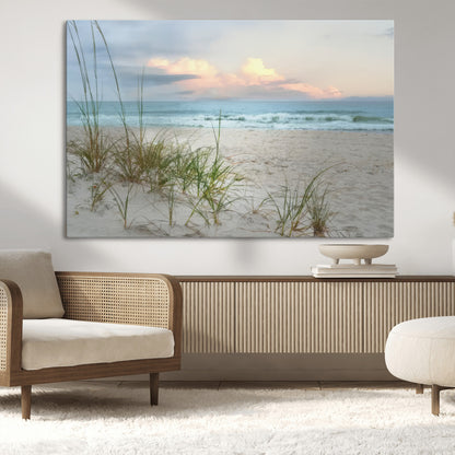 Test1001-MGV-CV-36X24-Coastal Beach Wall Art – Panoramic Ocean Waves and Sandy Dunes Canvas Print, Serene Seascape with Sea Oats for Relaxing Home or