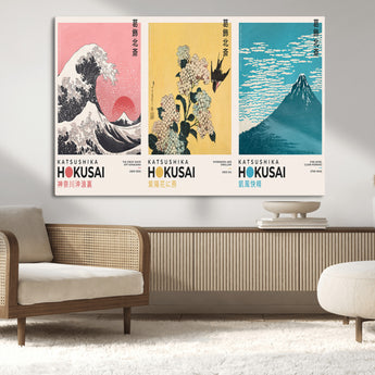 Katsushika-MGV-CV-36X24-Katsushika Hokusai Wall Art Set – The Great Wave, Hydrangea and Swallow, Fine Wind Canvas Prints, Japanese Ukiyo e Style Home and