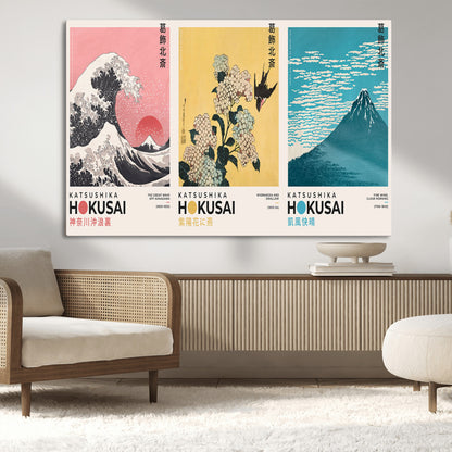 Katsushika-MGV-CV-36X24-Katsushika Hokusai Wall Art Set – The Great Wave, Hydrangea and Swallow, Fine Wind Canvas Prints, Japanese Ukiyo e Style Home and