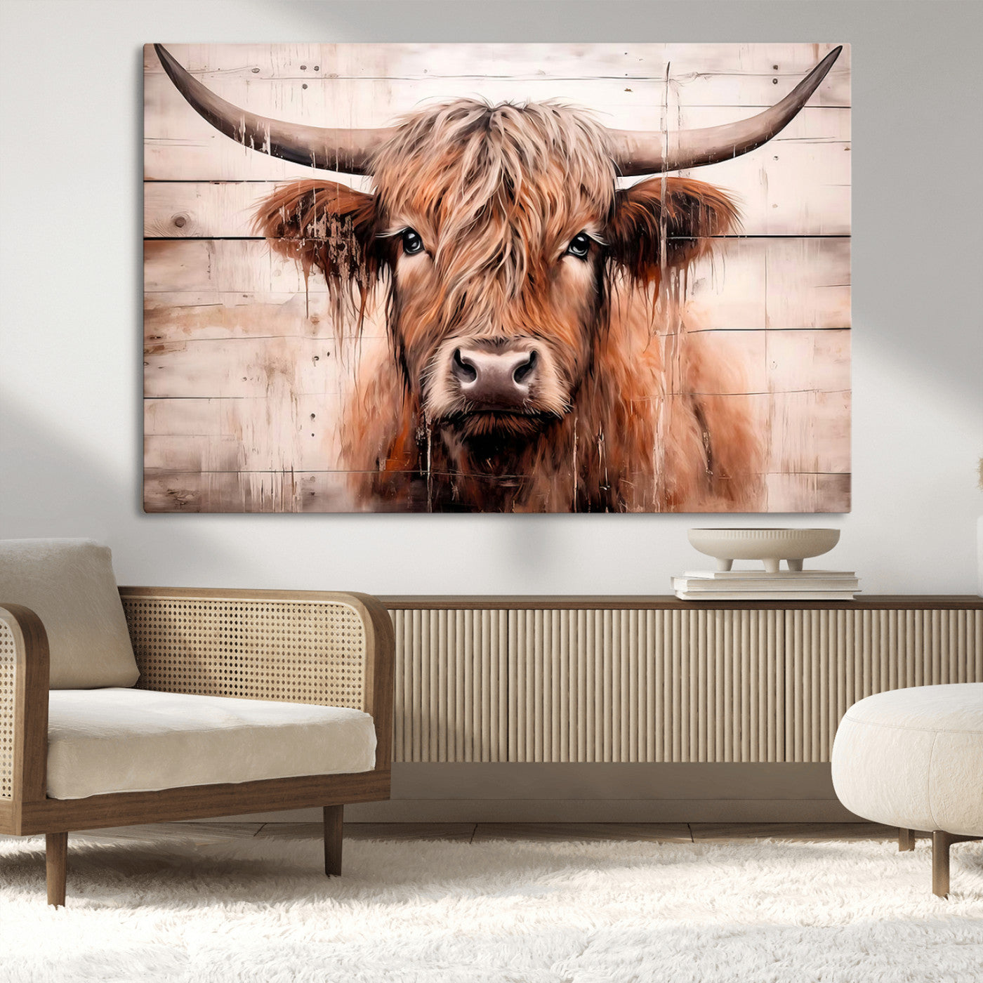 93730-MGV-CV-36X24-Scottish Cow Wall Art Canvas Print, Framed Longhorn Cow Art Picture Print, Highland Cattle Perfect Rustic Farmhouse Decor Artwork