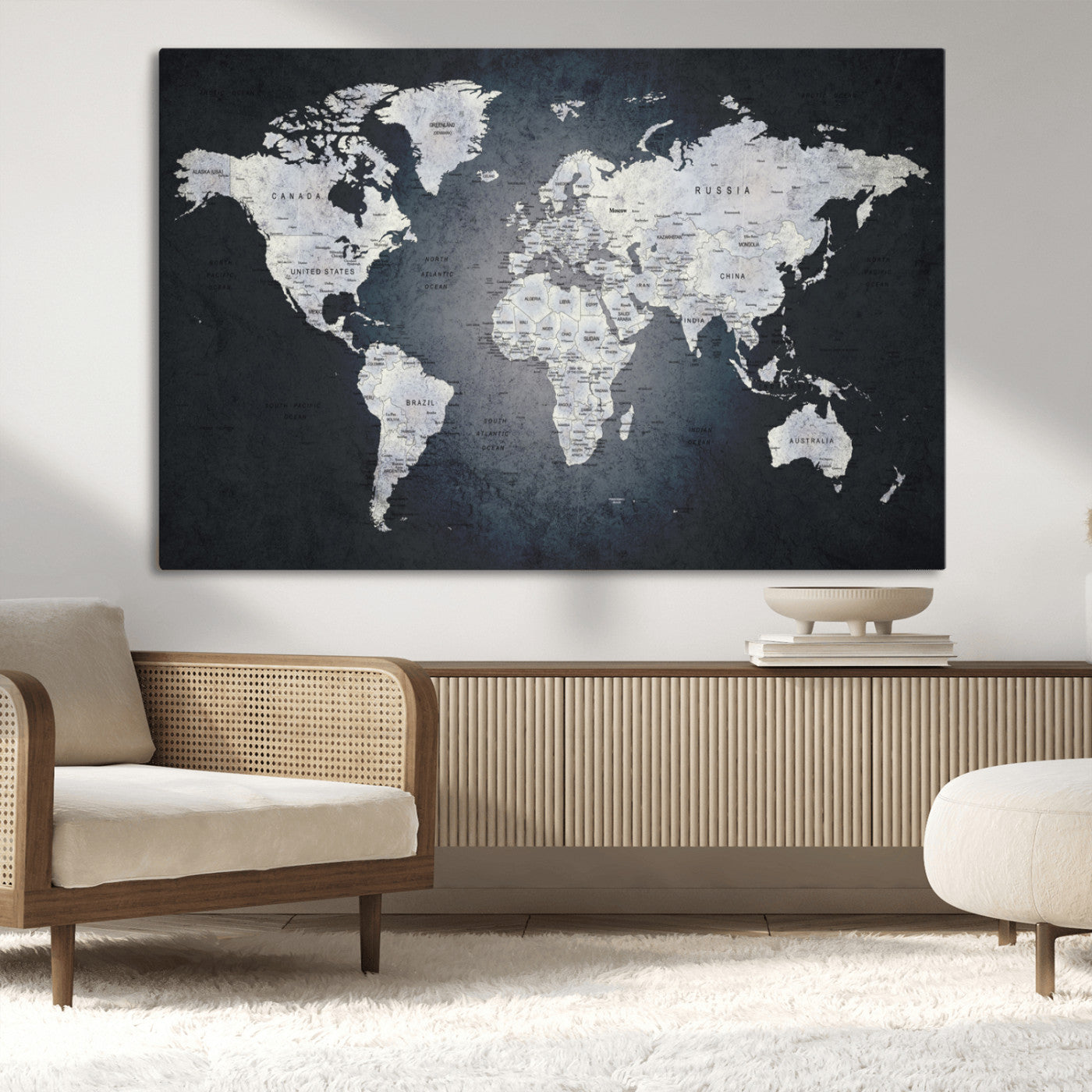 19124-MGV-CV-36X24-Modern World Map Wall Art – Black and White Canvas Print, Minimalist Global Map Decor for Office, Study, Bedroom or Living Room