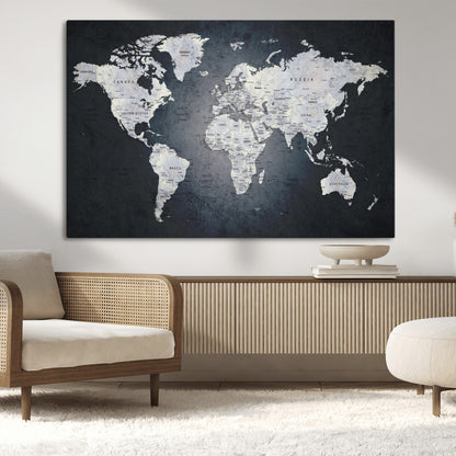 19124-MGV-CV-36X24-Modern World Map Wall Art – Black and White Canvas Print, Minimalist Global Map Decor for Office, Study, Bedroom or Living Room