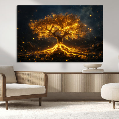 60194-MGV-CV-36X24-Glowing Tree Wall Art – Golden Roots Fantasy Canvas Print, Mystical Illuminated Tree Painting Poster for Living Room, Bedroom,