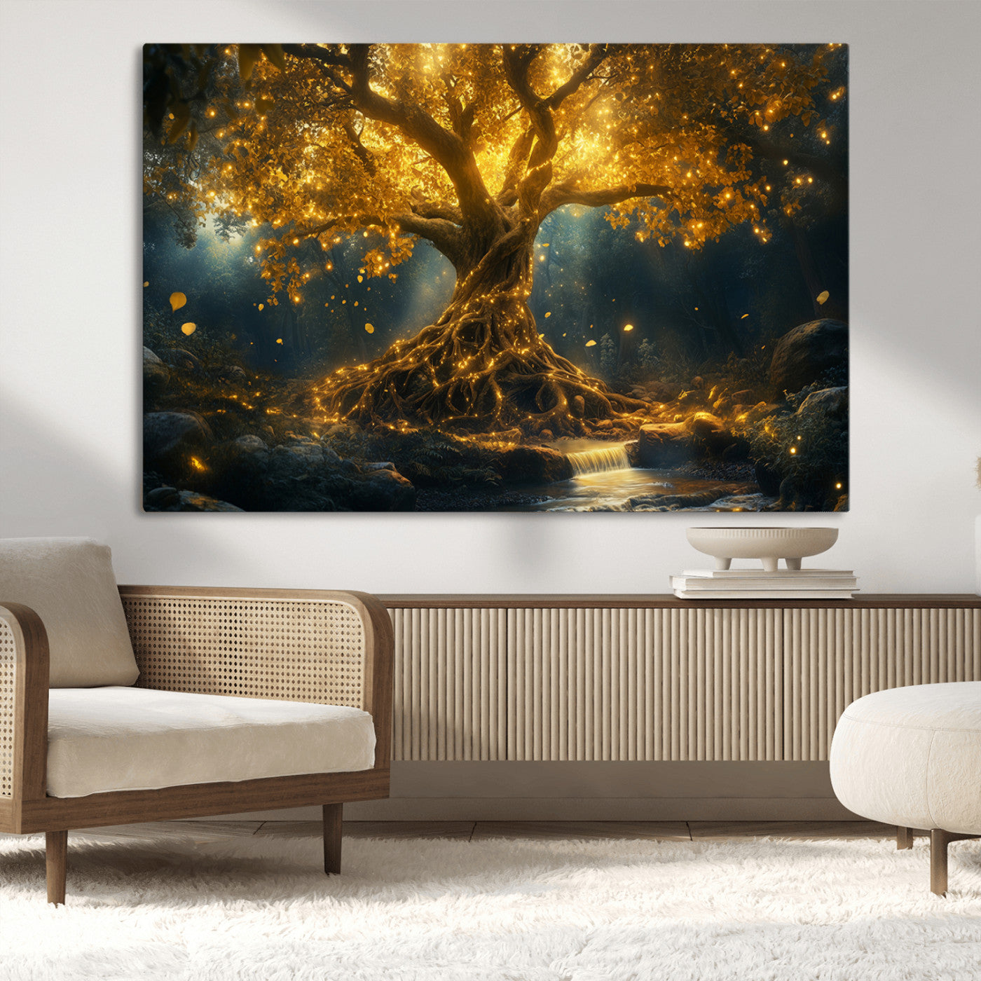 92739-MGV-CV-36X24-Glowing Tree Wall Art – Enchanted Golden Forest Canvas Print, Mystical Illuminated Nature Painting Poster for Living Room,