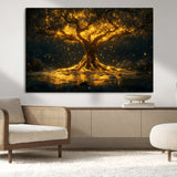 59580-MGV-CV-36X24-Glowing Tree Wall Art – Golden Fantasy Nature Canvas Print, Mystical Illuminated Tree Painting Poster for Living Room, Bedroom,