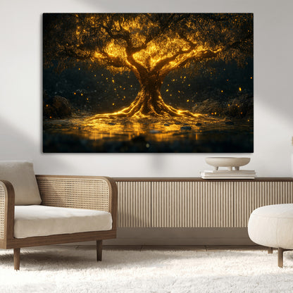 59580-MGV-CV-36X24-Glowing Tree Wall Art – Golden Fantasy Nature Canvas Print, Mystical Illuminated Tree Painting Poster for Living Room, Bedroom,