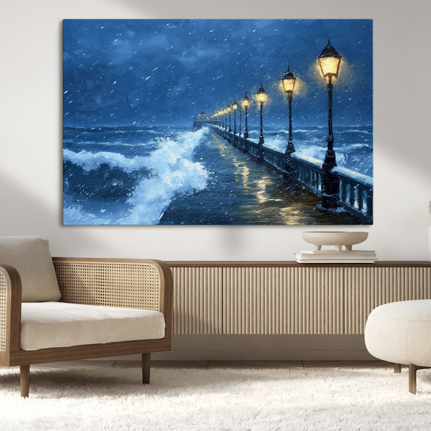 32668-MGV-CV-36X24-Stormy Pier Wall Art – Ocean Waves and Street Lamps Canvas Print, Rainy Night Seascape Oil Painting Poster for Living Room,