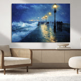 76572-MGV-CV-36X24-Stormy Night Pier Wall Art – Ocean Waves and Street Lamps Canvas Print, Rainy Seascape Oil Painting Poster for Living Room,