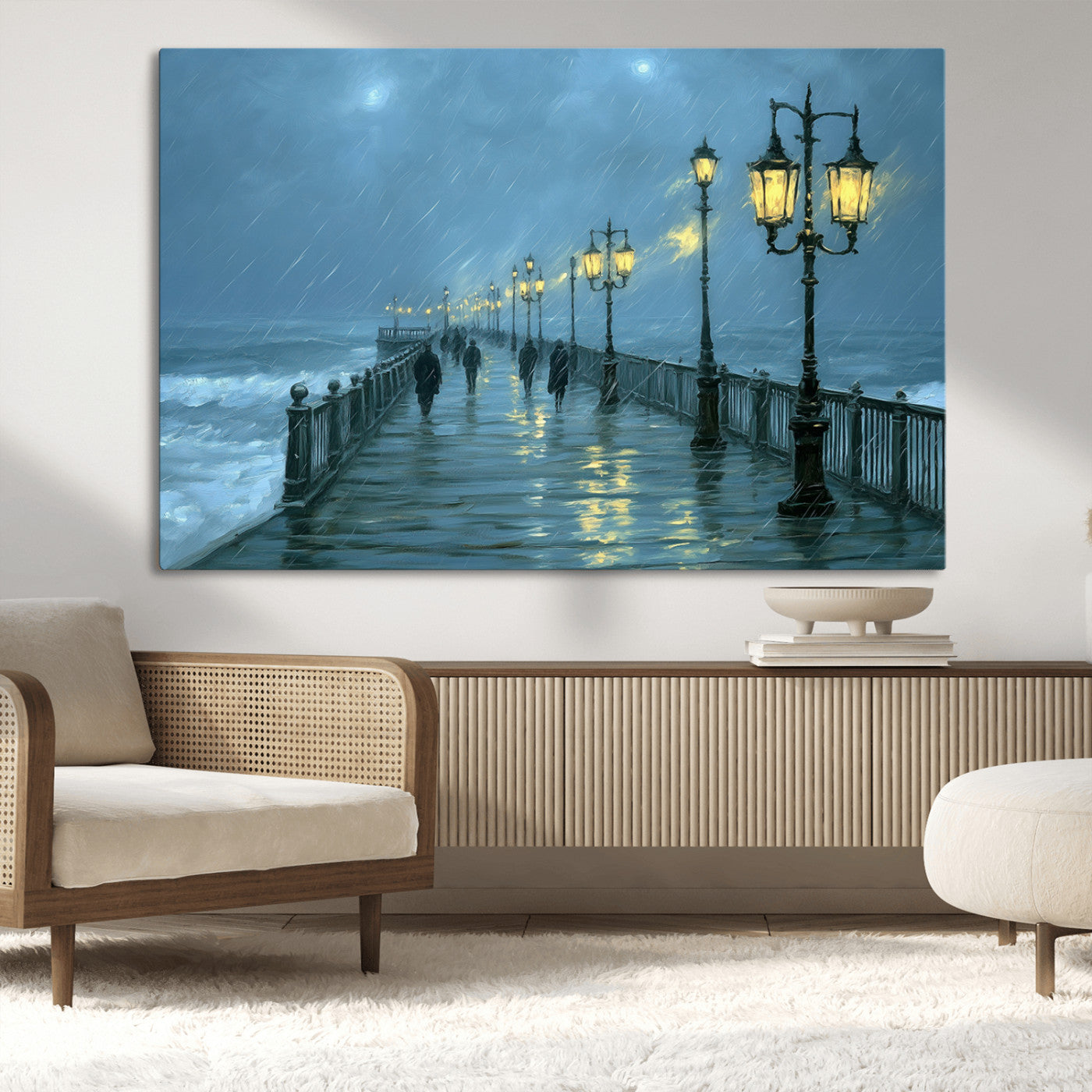 79606-MGV-CV-36X24-Rainy Pier Night Wall Art – Ocean Waves and Street Lamps Canvas Print, Moody Seascape Oil Painting Poster for Living Room,