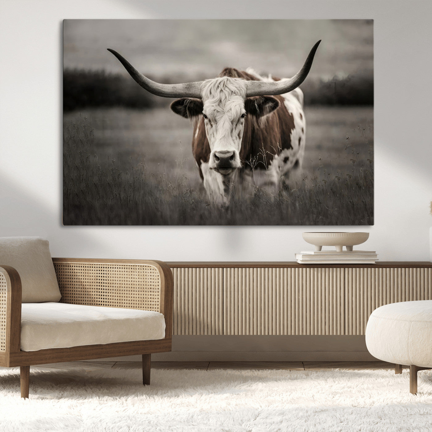 69238-MGV-CV-36X24-Longhorn Bull Wall Art – Rustic Black and White Texas Cattle Canvas Print, Western Farmhouse Animal Photography for Living Room,